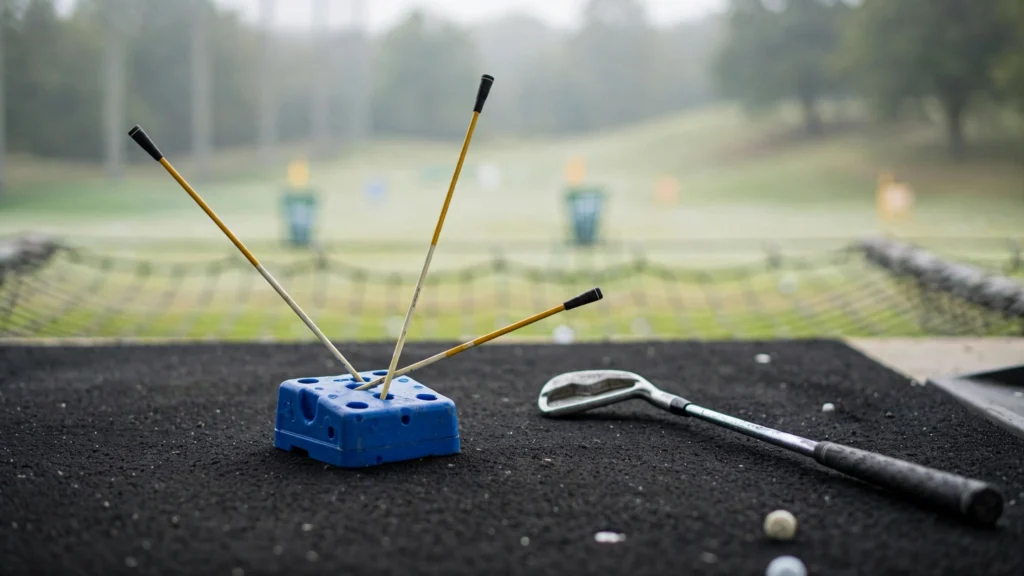 Blue Brick B29 golf swing training aid with alignment sticks on a driving range mat