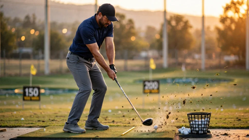 Golfer practicing a swing drill at the driving range