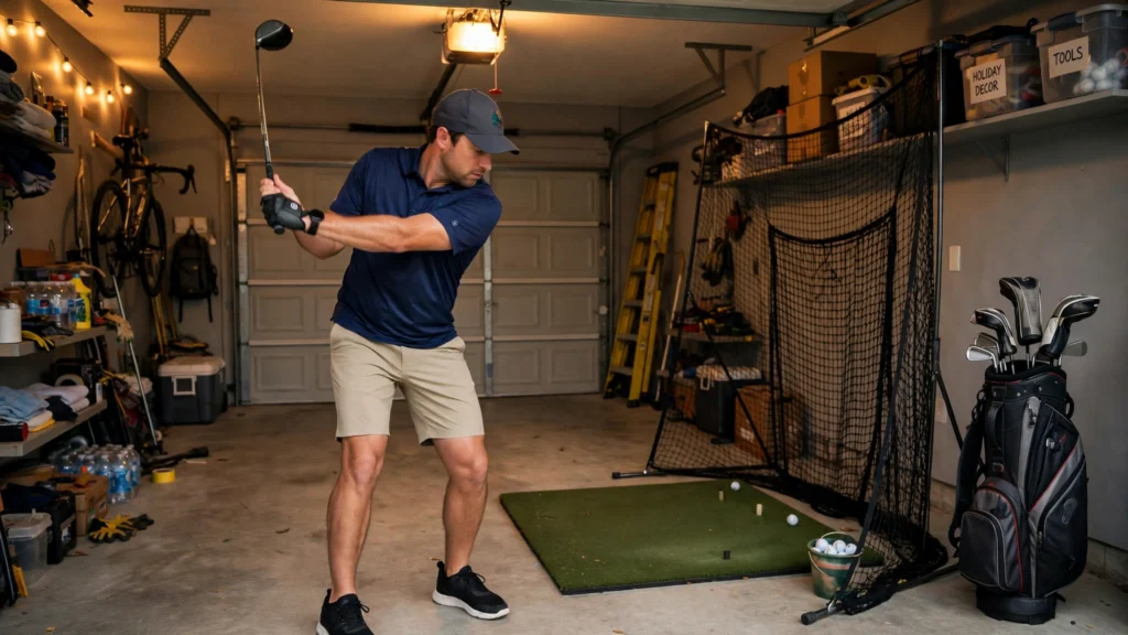 Golfer practicing golf swing indoors in a garage