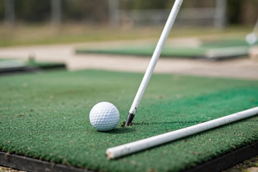 Alignment stick gate drill setup behind a golf ball