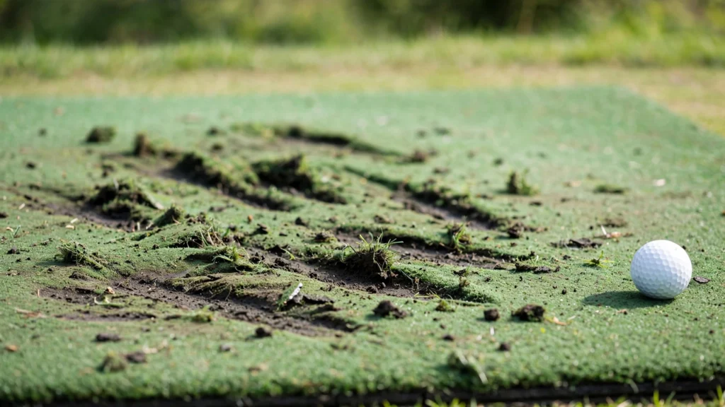 Golf strike mat showing divot impact marks
