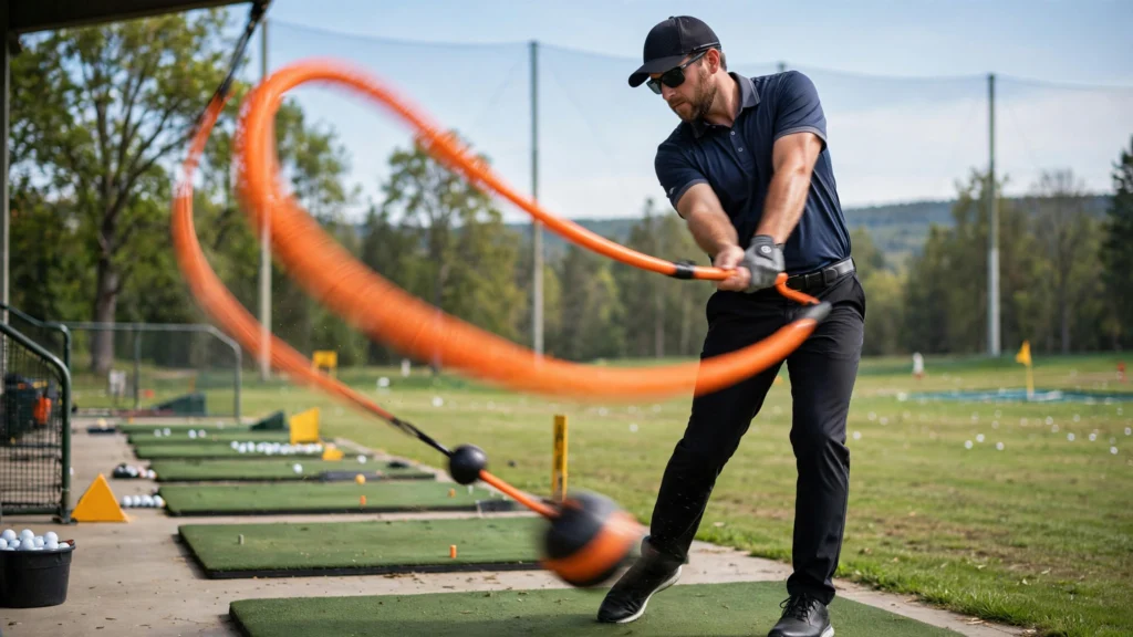 Golfer swinging an orange tempo trainer at the driving range